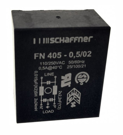 Schaffner, FN405 500mA 250 V ac 400Hz, PCB Mount EMI Filter, Pin, Single Phase