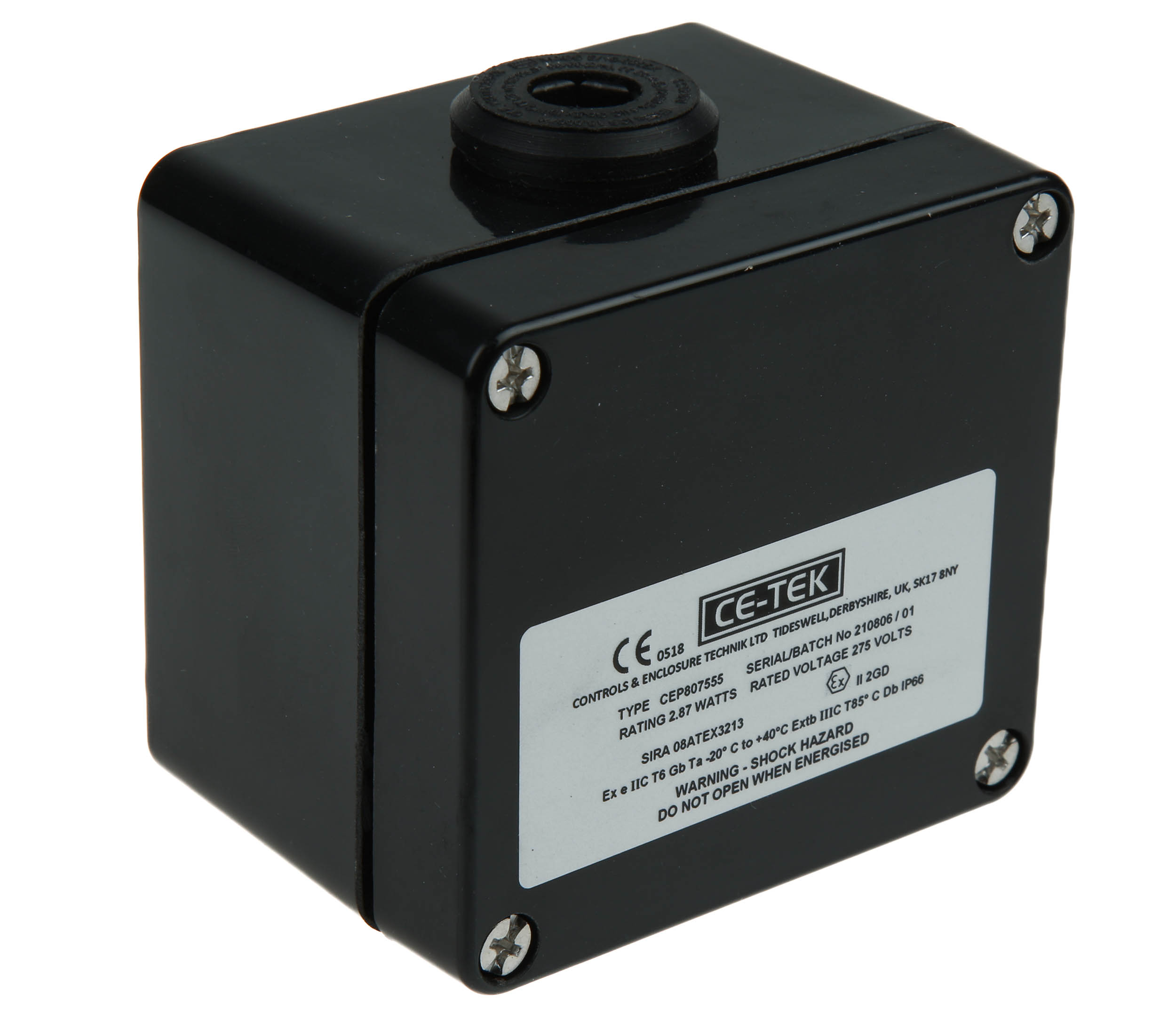 CE-TEK CEP Series Black Polyester Junction Box, IP66, 5 Terminals, ATEX, 80 x 75 x 55mm