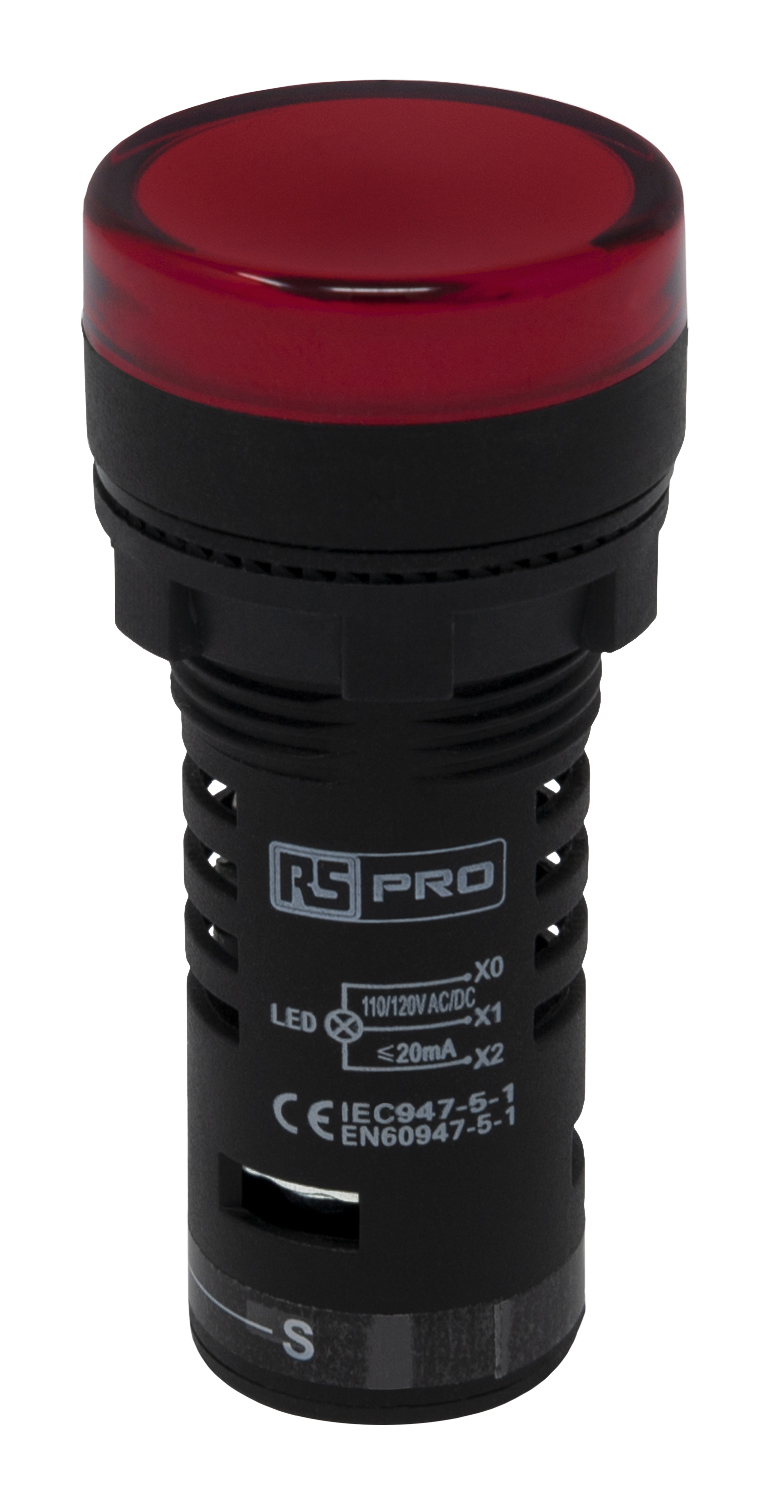 RS PRO, Panel Mount Red LED Pilot Light, 22mm Cutout, IP65, Round, 120V ac/dc