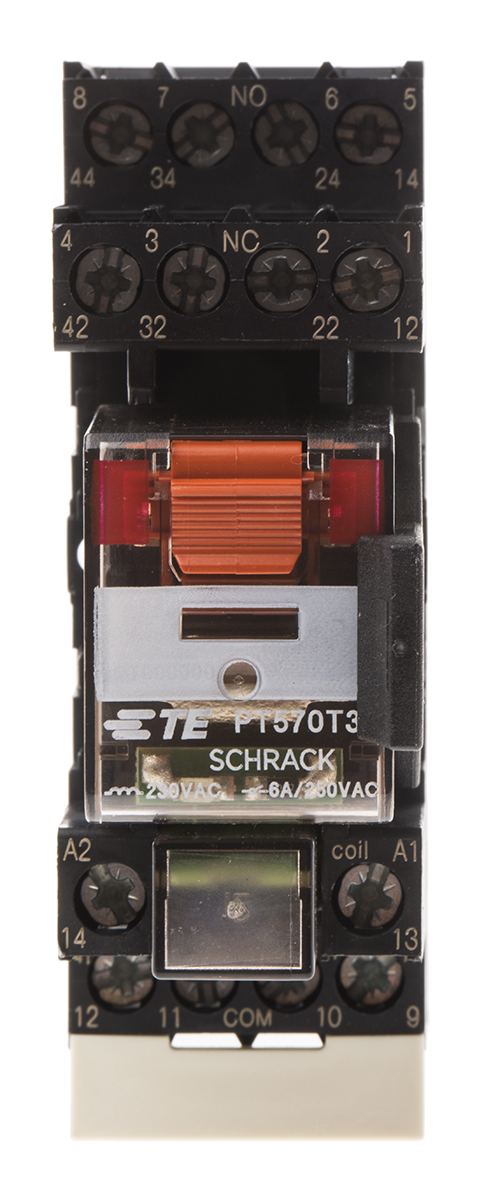 TE Connectivity DIN Rail Power Relay, 230V ac Coil, 6A Switching Current, 4PDT