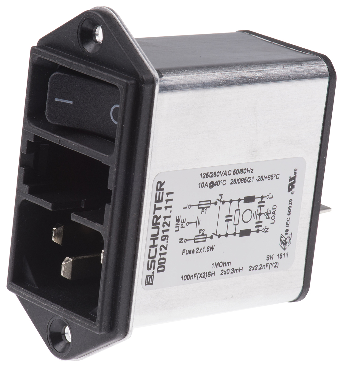 Schurter 10A, 250 V ac Male Panel Mount Filtered IEC Connector 2 Pole DD12.9121.111, Quick Connect Terminals 6.3 x 0.8