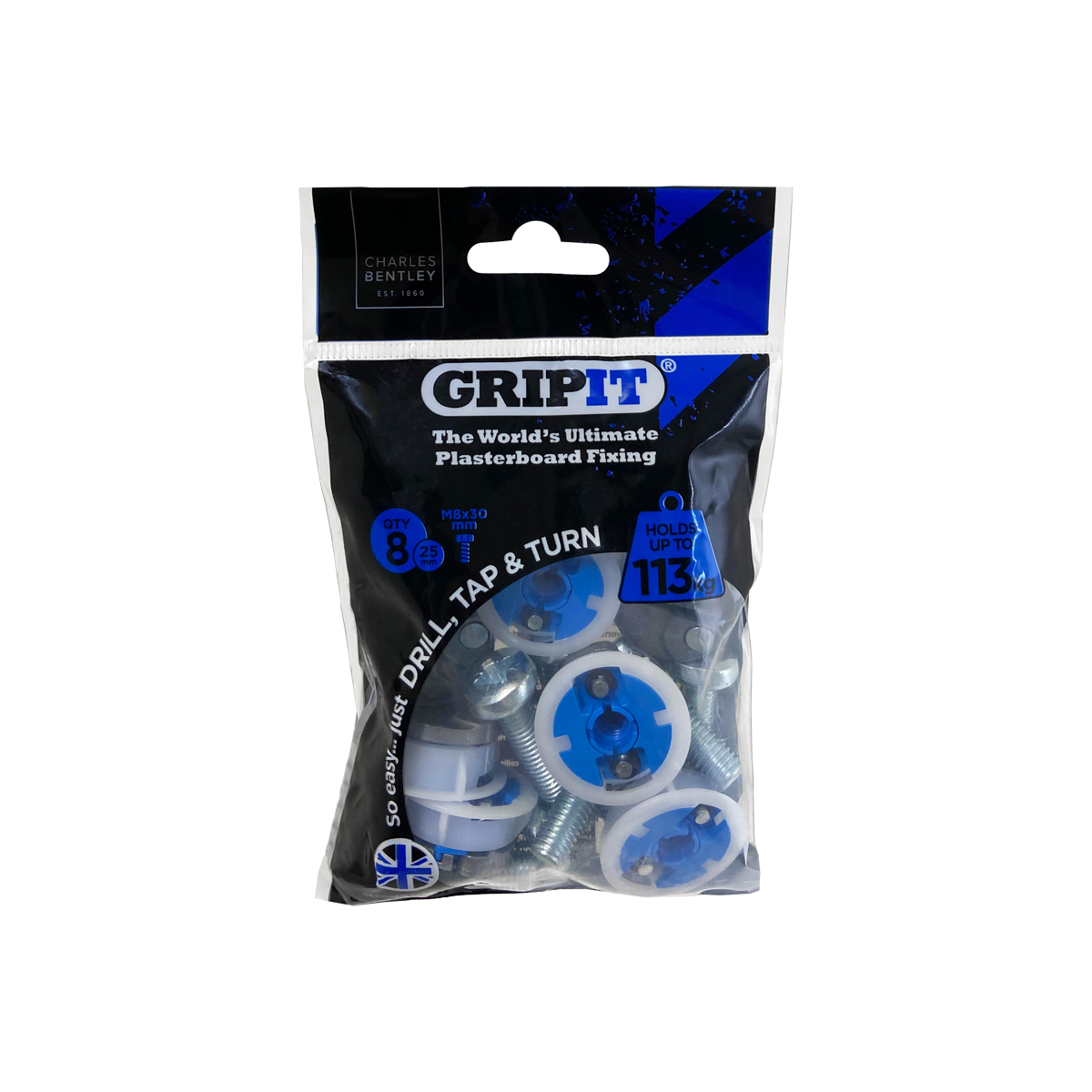 Gripit Blue Plastic, Steel Plasterboard Fixings, 25mm fixing hole diameter