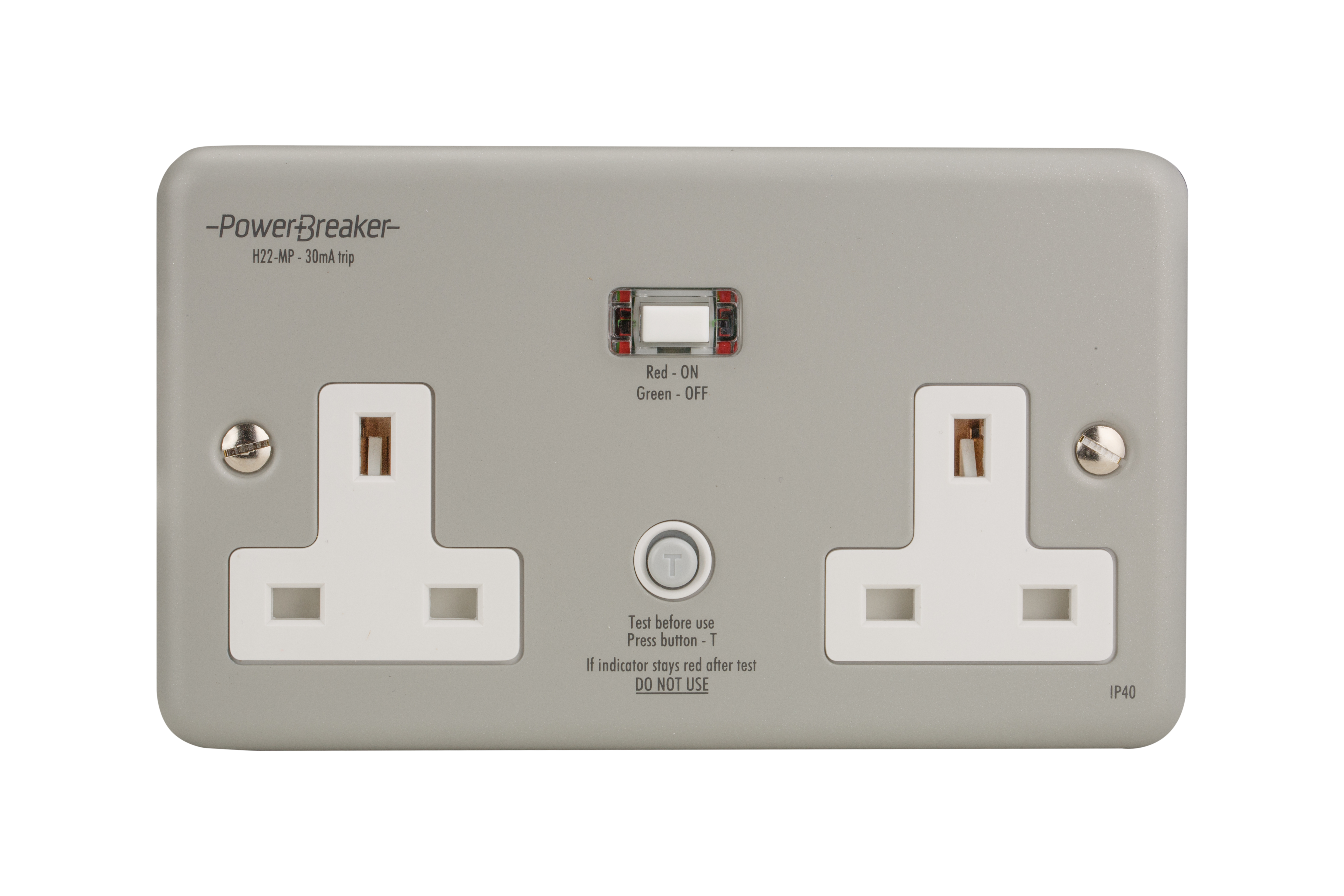 Powerbreaker PowerBreaker H 13A, BS Fixing, Passive, 2 Gang RCD Socket, Surface Mount No, IP40 , Outdoor, 250 V, Grey