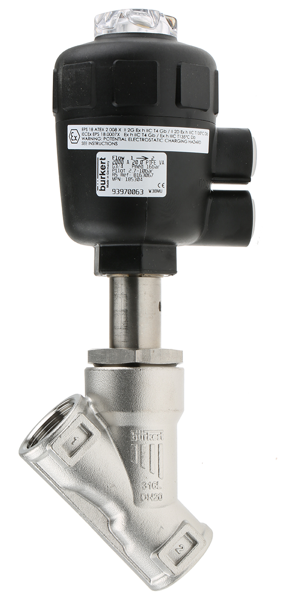Burkert Angle type Pneumatic Actuated Valve, G 3/4in, 16 bar
