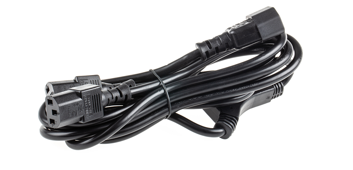 RS PRO Straight IEC C13 x 2 Socket to Straight IEC C14 Plug Power Cord, 3m