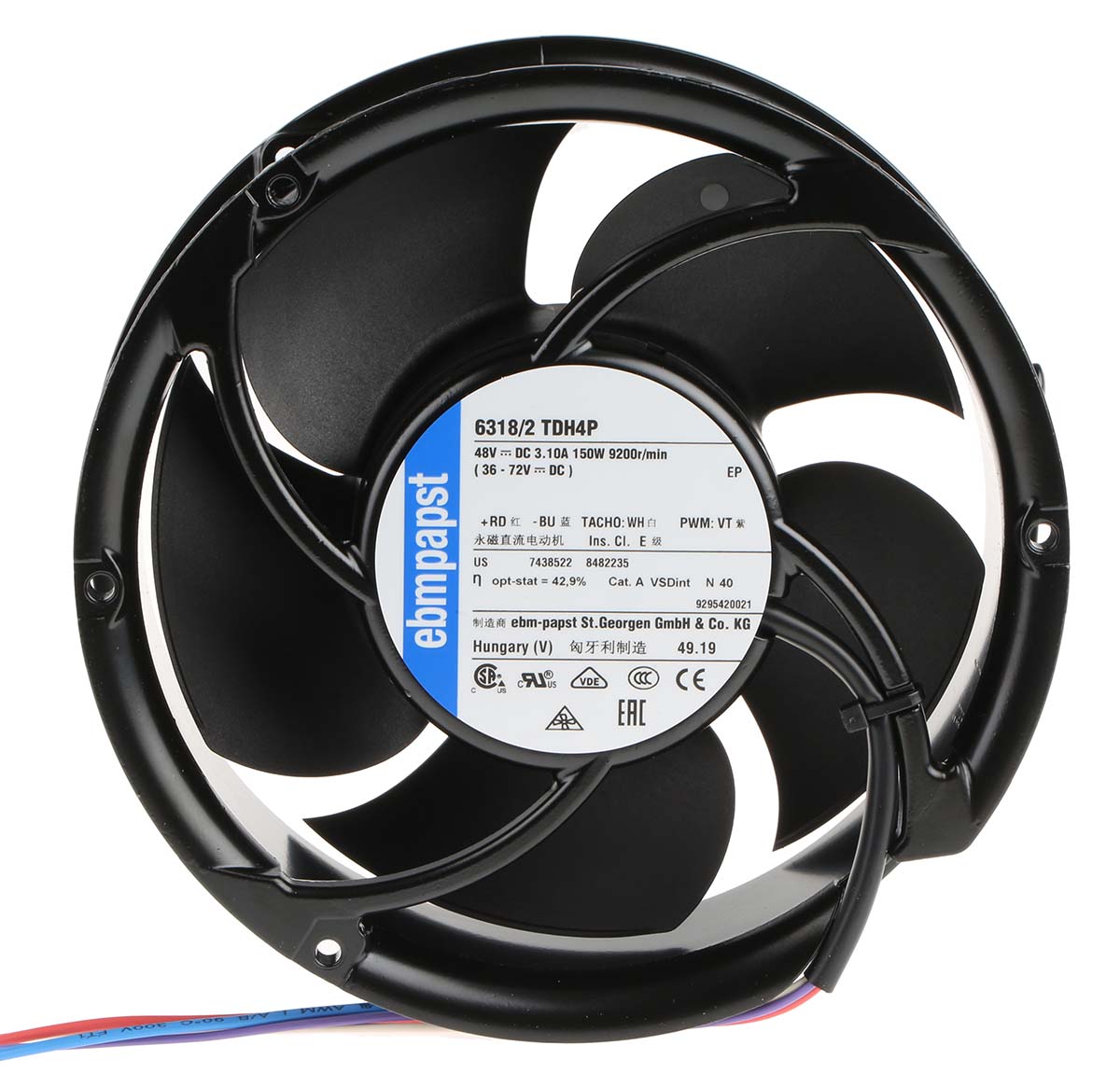 ebm-papst 6300 TD - S-Force Series Axial Fan, 48 V dc, DC Operation, 950m³/h, 150W, 172 x 51mm