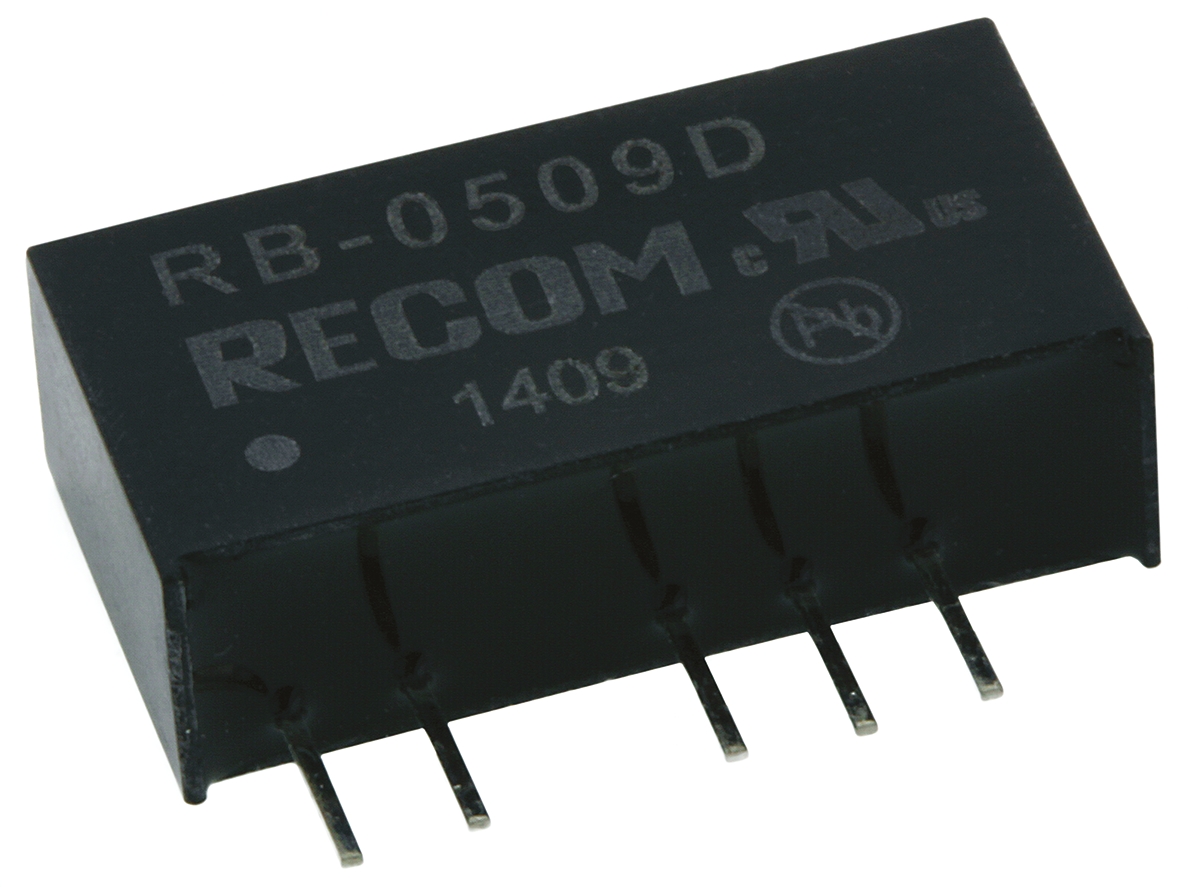 Recom RB DC-DC Converter, ±9V dc/ ±56mA Output, 4.5 → 5.5 V dc Input, 1W, Through Hole, +85°C Max Temp -40°C Min