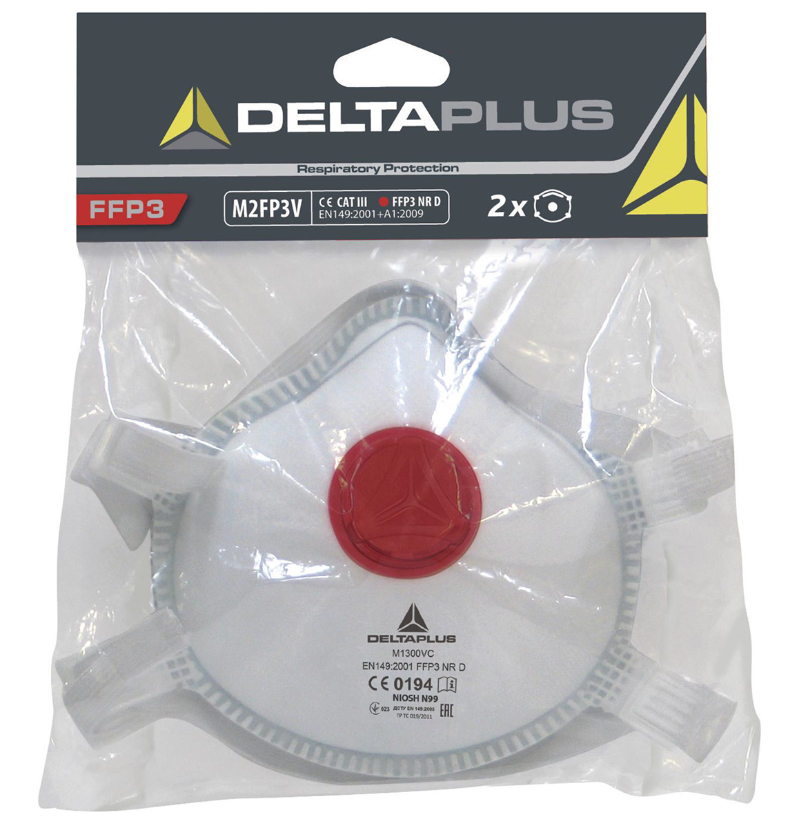 Delta Plus M1300 Series Disposable Face Mask for General Purpose Protection, FFP3, Valved, Moulded 2 per Package