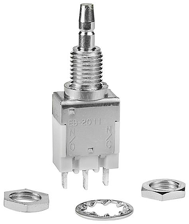 NKK Switches Push Button Switch, Momentary, Panel Mount, 6.35mm Cutout, SPDT, 125V ac