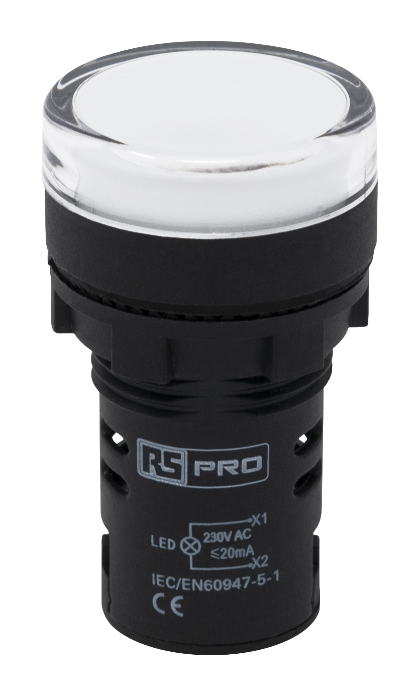 RS PRO, Panel Mount White LED Pilot Light, 22mm Cutout, IP65, Round, 230V ac