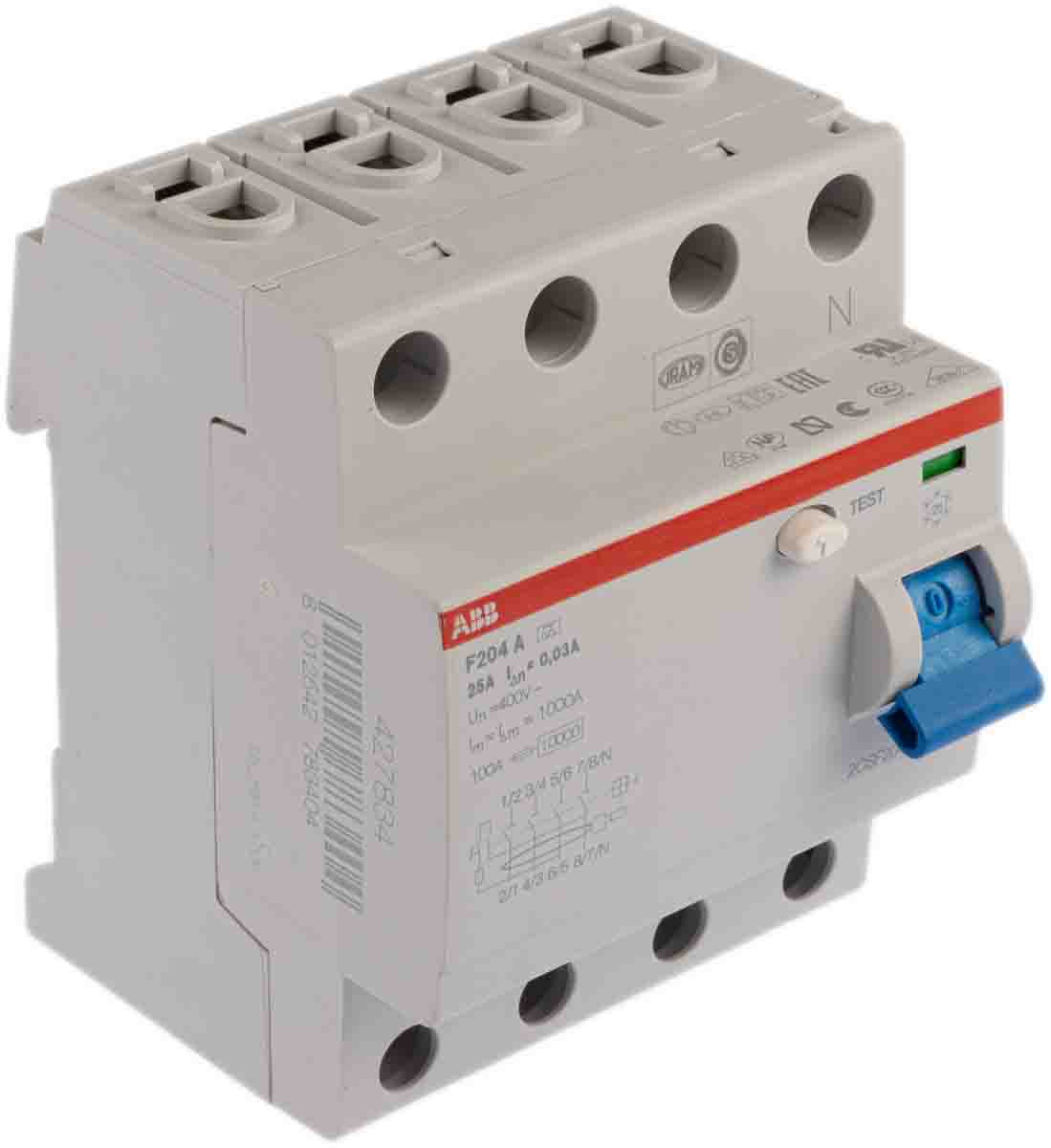 ABB F200 RCCB, 25A, 4 Pole, 30mA, Type A