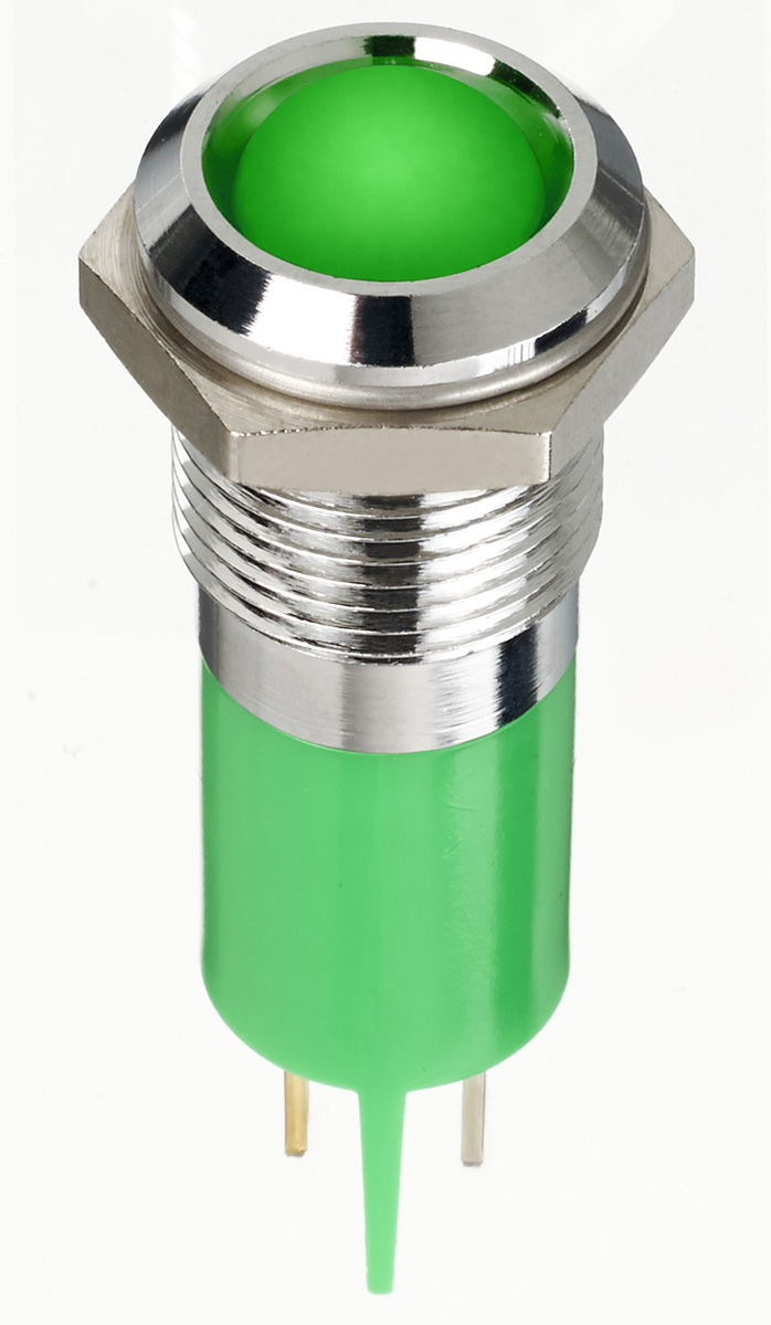 RS PRO Green Panel Mount Indicator, 12V dc, 14mm Mounting Hole Size, Faston, Solder Lug Termination, IP67