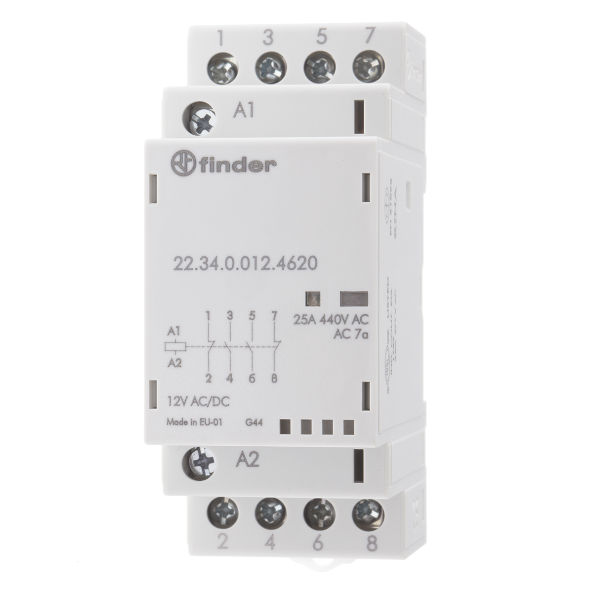Finder 22 Contactor, 12 V dc Coil, 4-Pole, 25 A, 4 kW 12 V, 2 NO/2 NC, 250 V dc, 440V ac