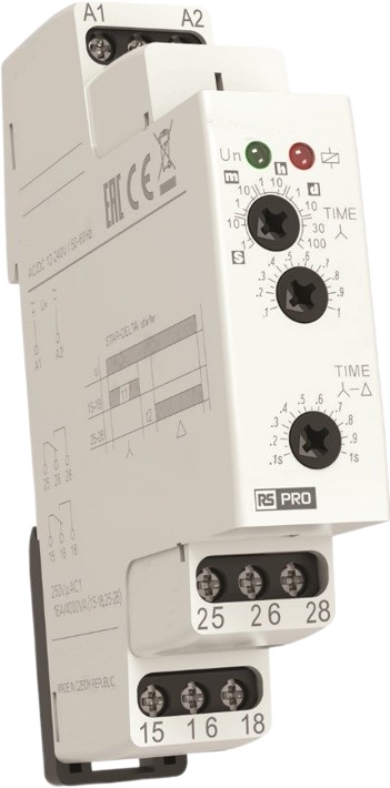 RS PRO DIN Rail Mount Timer Relay, 12 → 240V ac/dc, 2-Contact, 0.1 s → 100days, SPDT