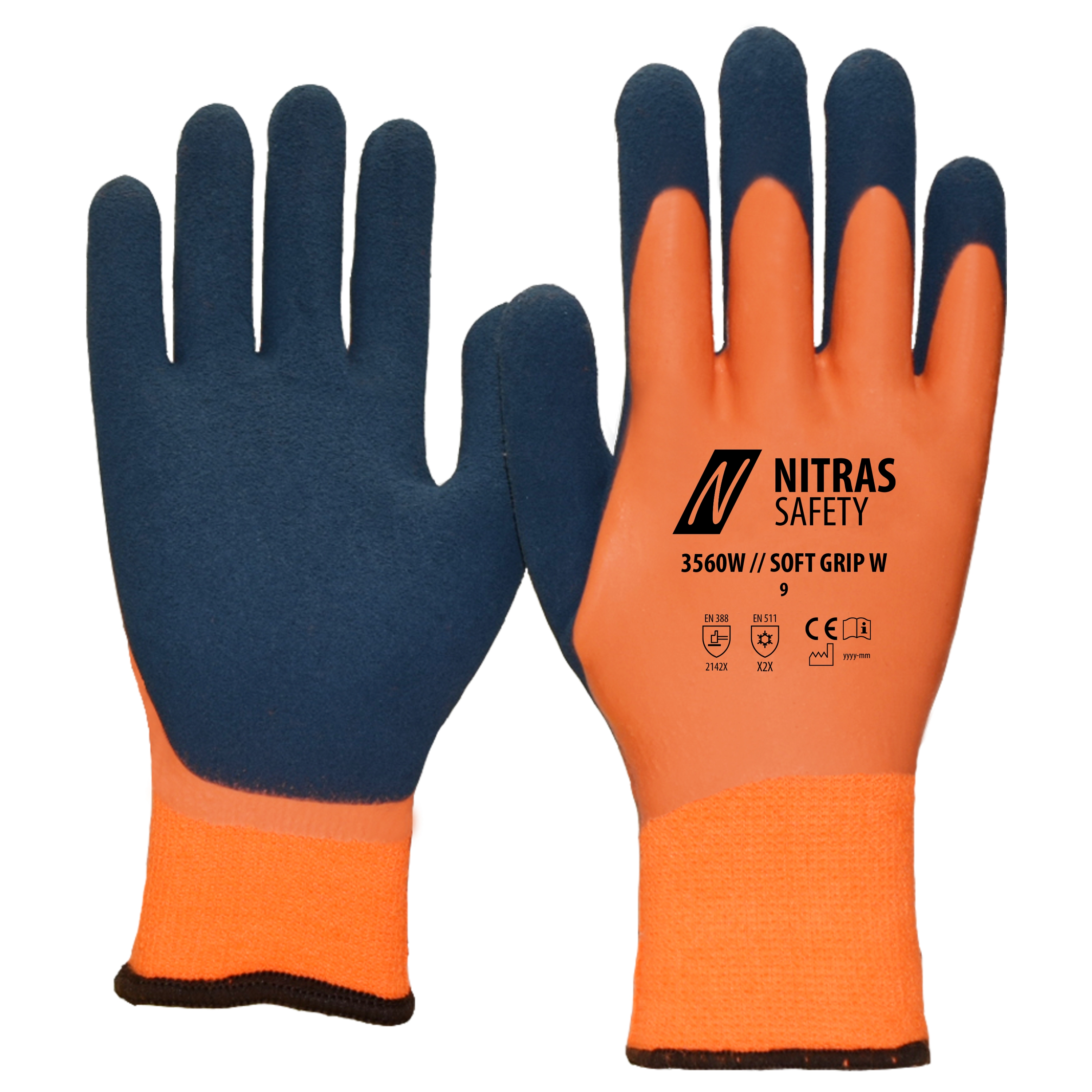 NITRAS SAFETY 3560W/SOFT GRIP Orange, Blue Nylon Work Gloves, Size 11, Latex Coating
