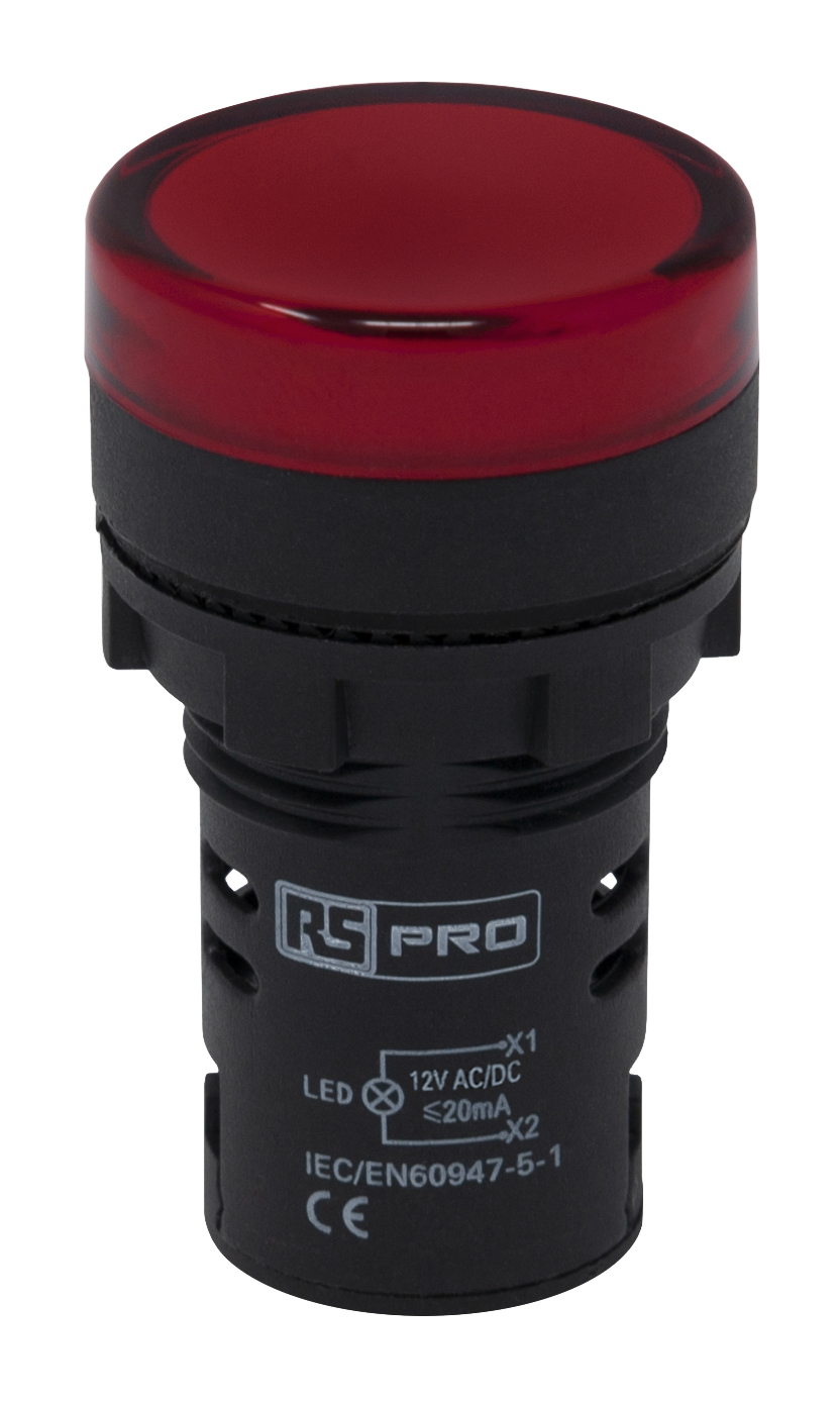 RS PRO, Panel Mount Red LED Pilot Light, 22mm Cutout, IP65, Round, 12V ac/dc