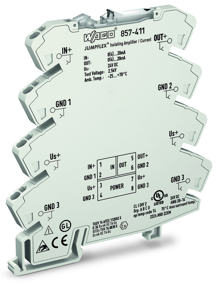 WAGO 857 Series Signal Conditioner, Current Input, Current, Voltage Output, 24V dc Supply, ATEX, IECEx
