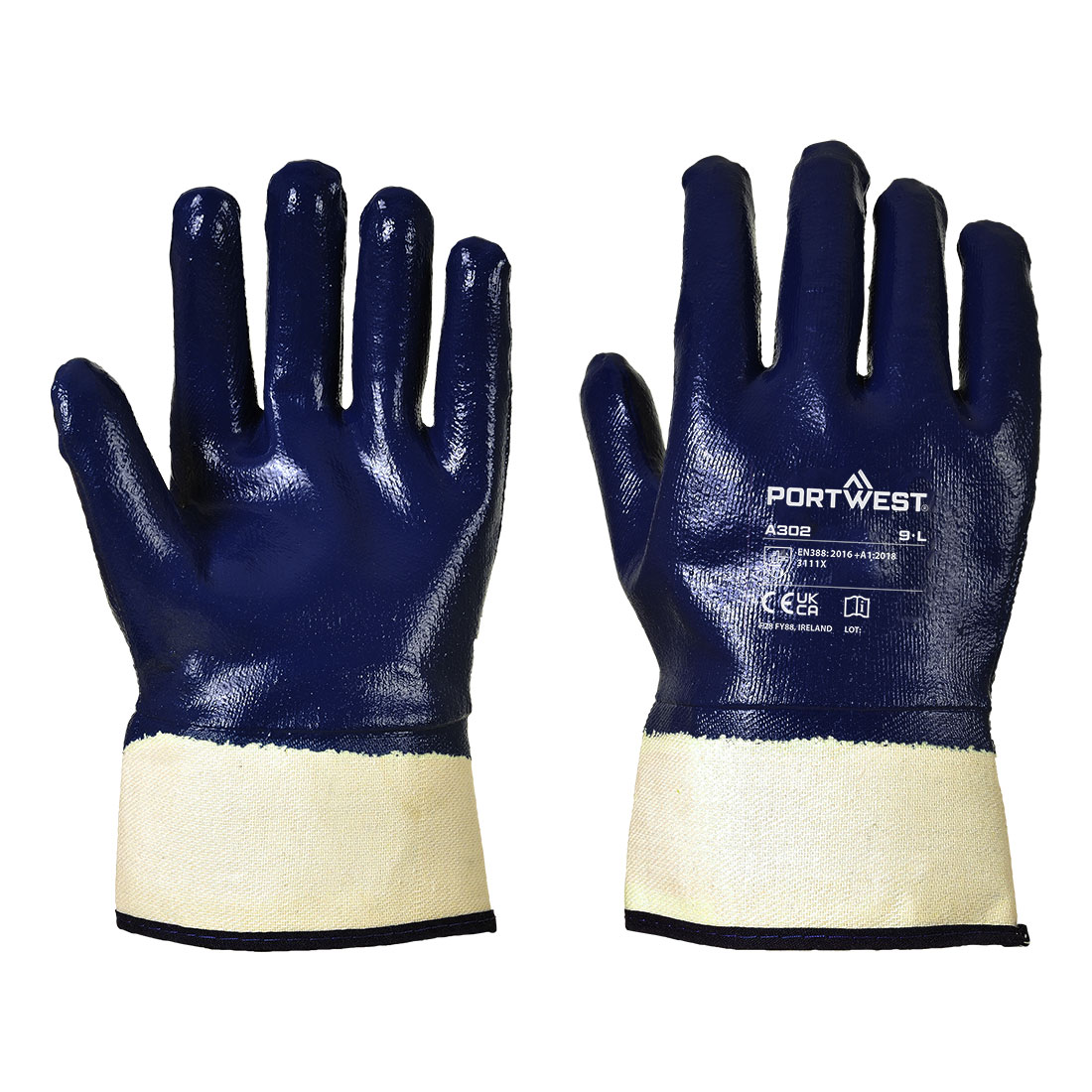 Portwest A302 Navy Polyester Puncture & Tear Resistant Gloves, Size L, Nitrile Coating