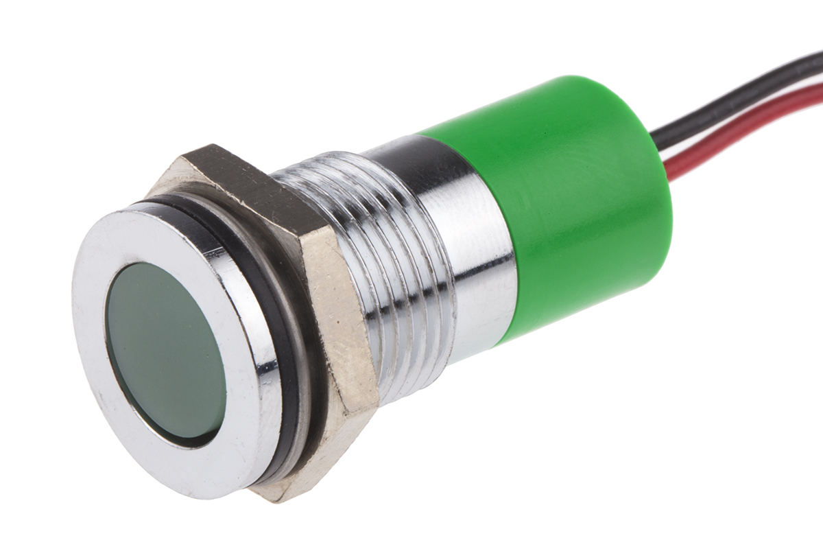 RS PRO Green Panel Mount Indicator, 12V dc, 14mm Mounting Hole Size, Lead Wires Termination, IP67