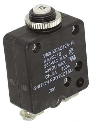 TE Connectivity Thermal Circuit Breaker - W58  Single Pole 50 V dc, 250V ac Voltage Rating, 15A Current Rating