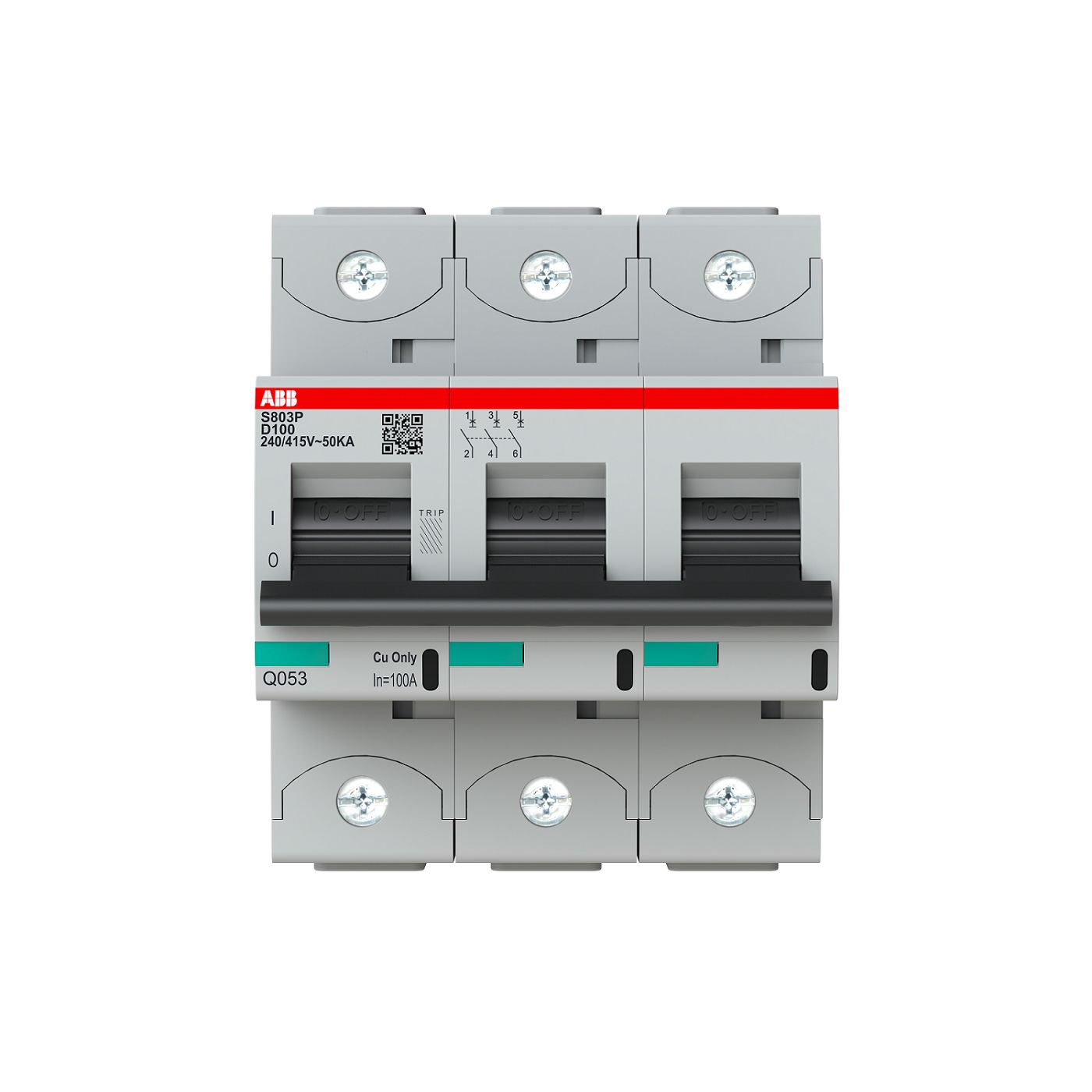 ABB High Performance S800N MCB, 3P, 100A Curve D, 400V AC, 36 kA Breaking Capacity