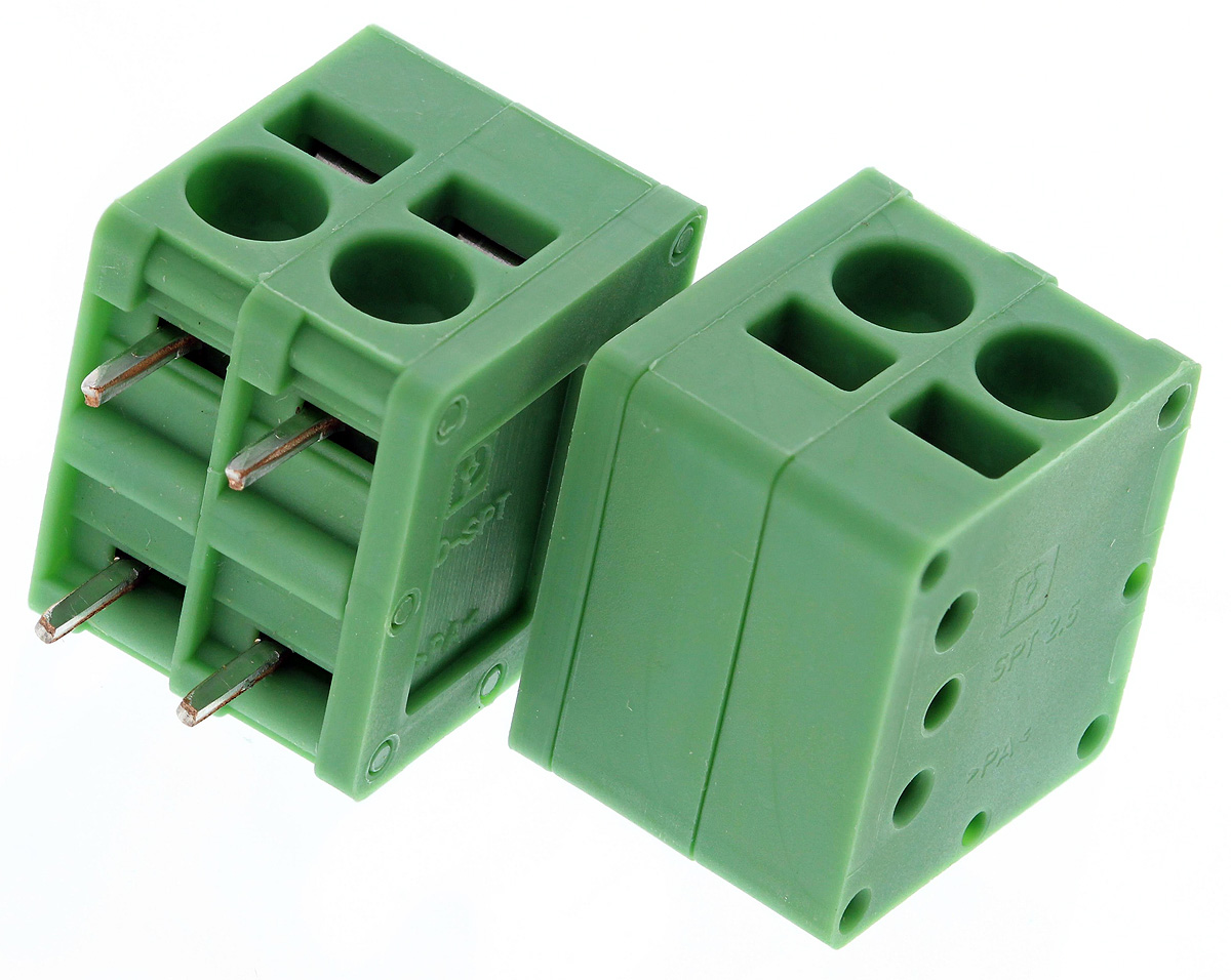 Phoenix Contact SPT 2.5/ 2-H-5.0 Series PCB Terminal Block, 2-Contact, 5mm Pitch, Through Hole Mount, 1-Row, Spring