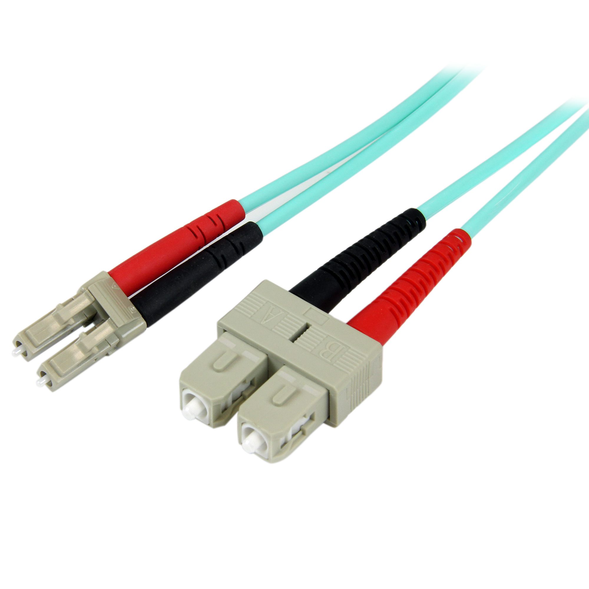 StarTech.com LC to SC Duplex Multi Mode OM3 Fibre Optic Cable, 3mm, Light Blue, 1m