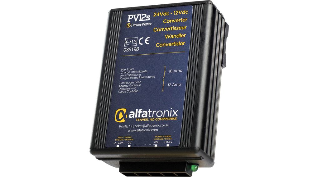 Alfatronix PV DC-DC Converter, 13.6V dc/ 18 Output, 17 → 32 V dc Input, 144W, Clip Mount, +30°C Max Temp -25°C