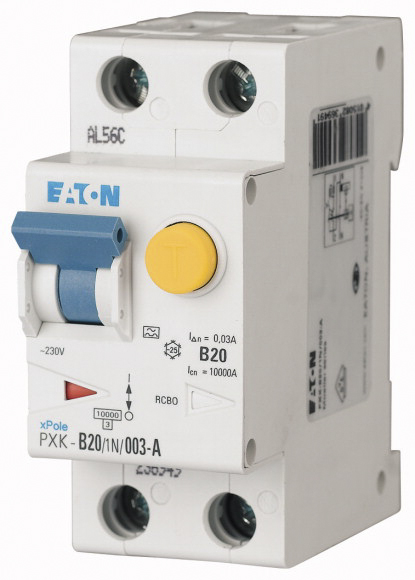 Eaton RCBO, 20A Current Rating, 1P+N Poles, 30mA Trip Sensitivity, Type C, PXK Range