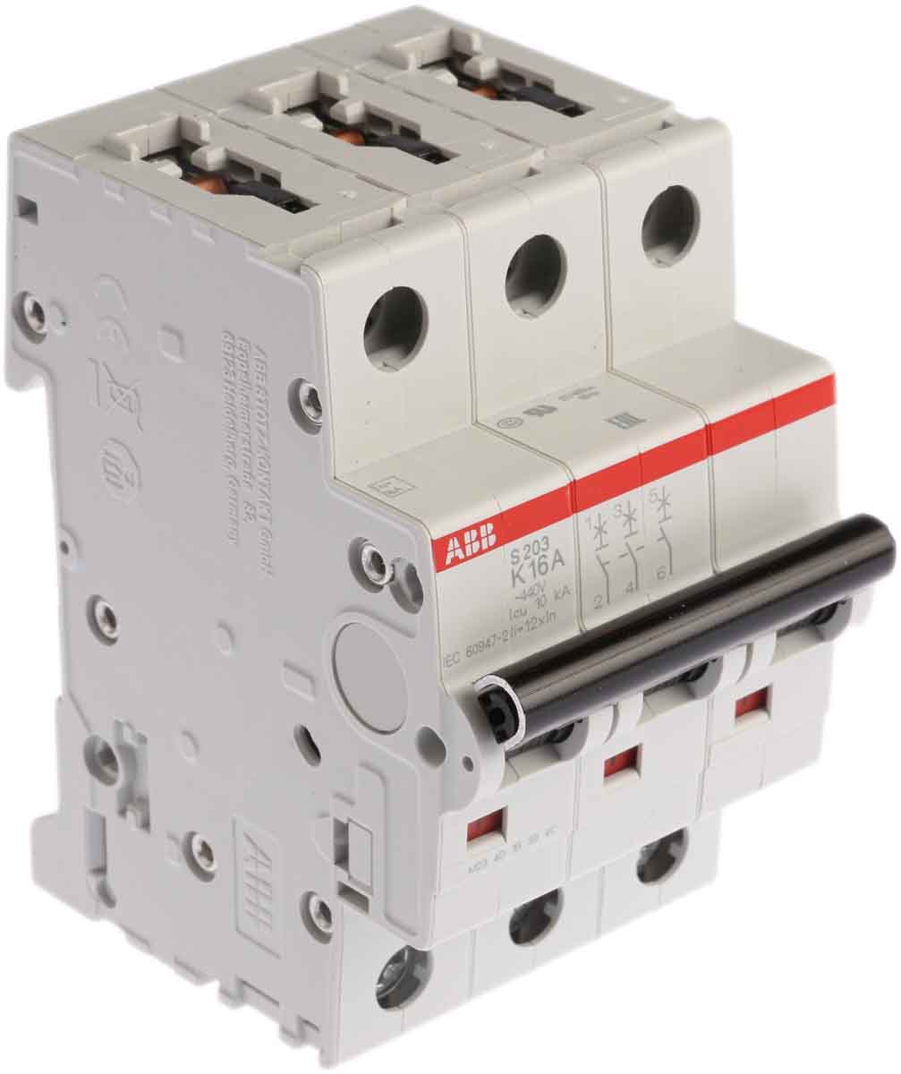 ABB System Pro M Compact S200 MCB, 3P, 16A Curve K, 440V AC, 20 kA Breaking Capacity