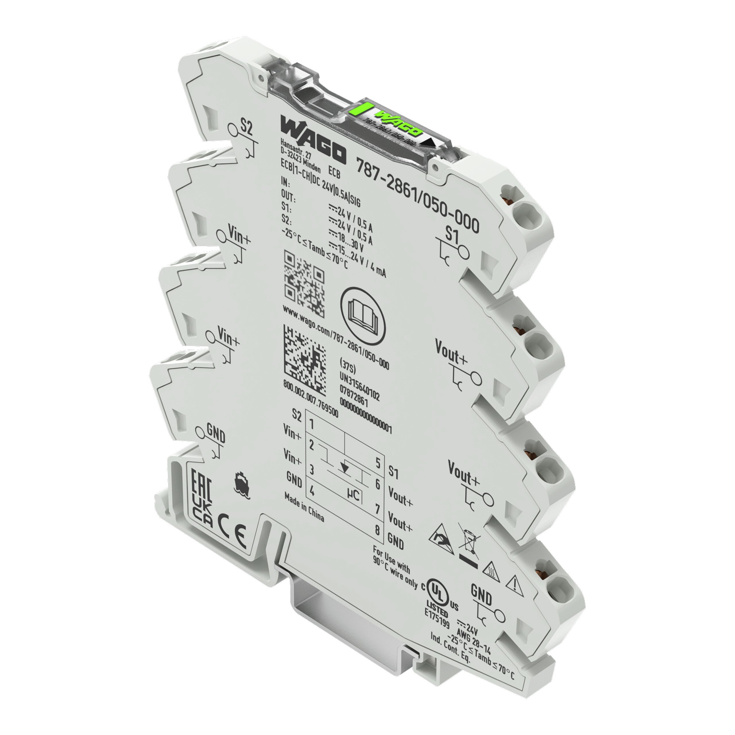 WAGO Electronic Circuit Breaker 500mA 24V 787, 1 channels , DIN Rail
