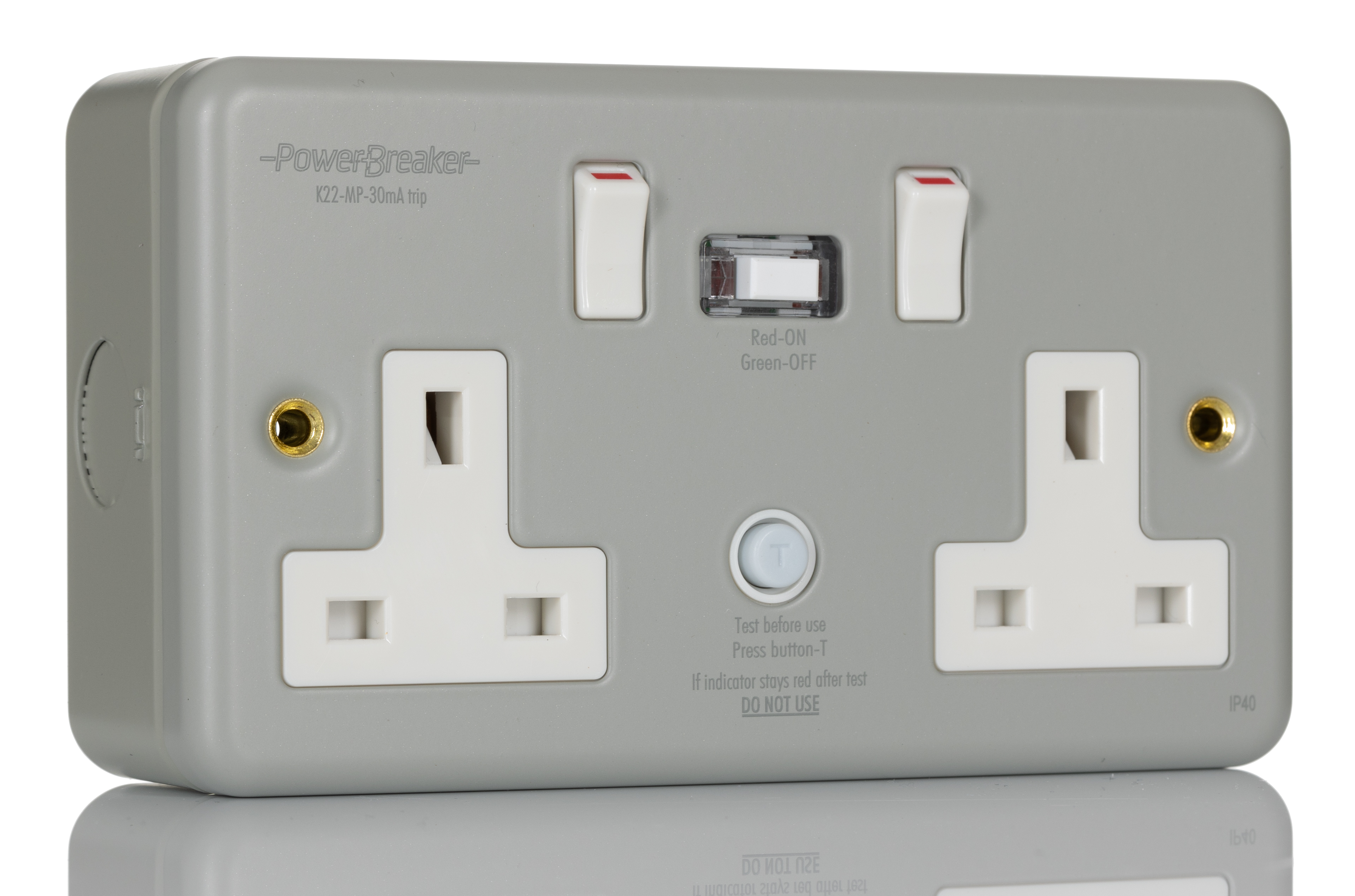 Powerbreaker PowerBreaker H 13A, BS Fixing, Passive, 2 Gang RCD Socket, Surface Mount , Switched, 230 V ac, Grey
