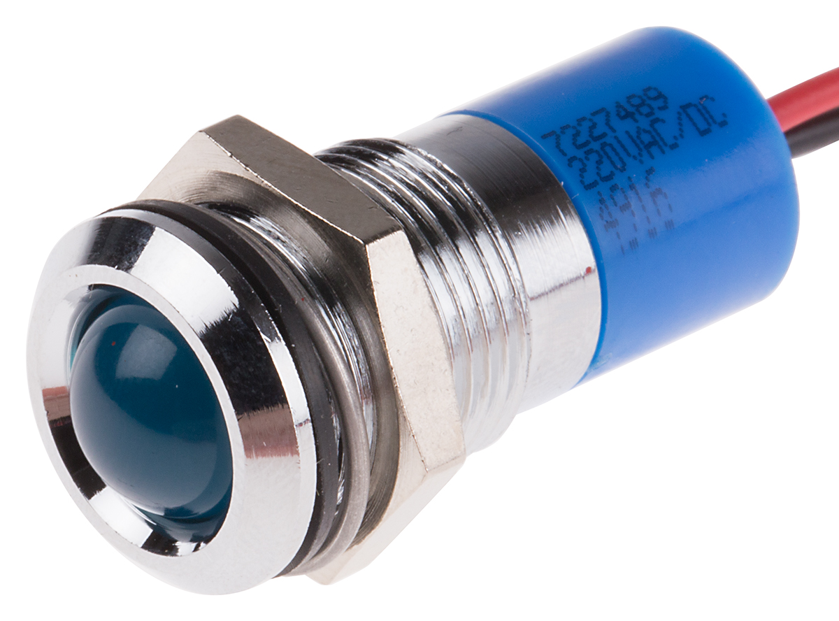 RS PRO Blue Panel Mount Indicator, 220V ac, 14mm Mounting Hole Size, Lead Wires Termination, IP67
