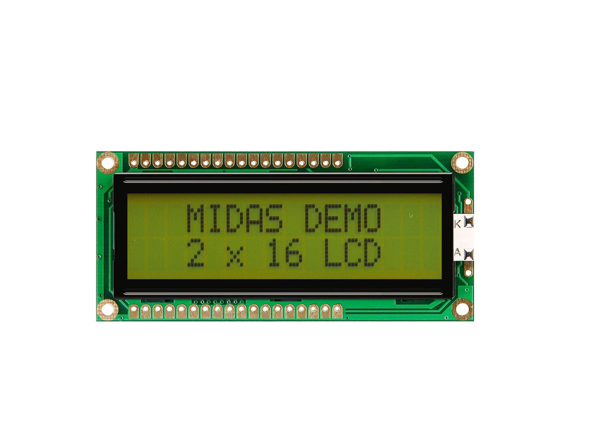 Midas MC21605G6W-SPTLY3.3-V2 Alphanumeric LCD Display, 2 Rows by 16 Characters