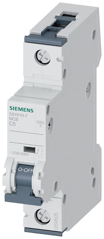 Siemens SENTRON 5SY6 MCB, 1P, 5A Curve C, 440V AC, 6 kA Breaking Capacity