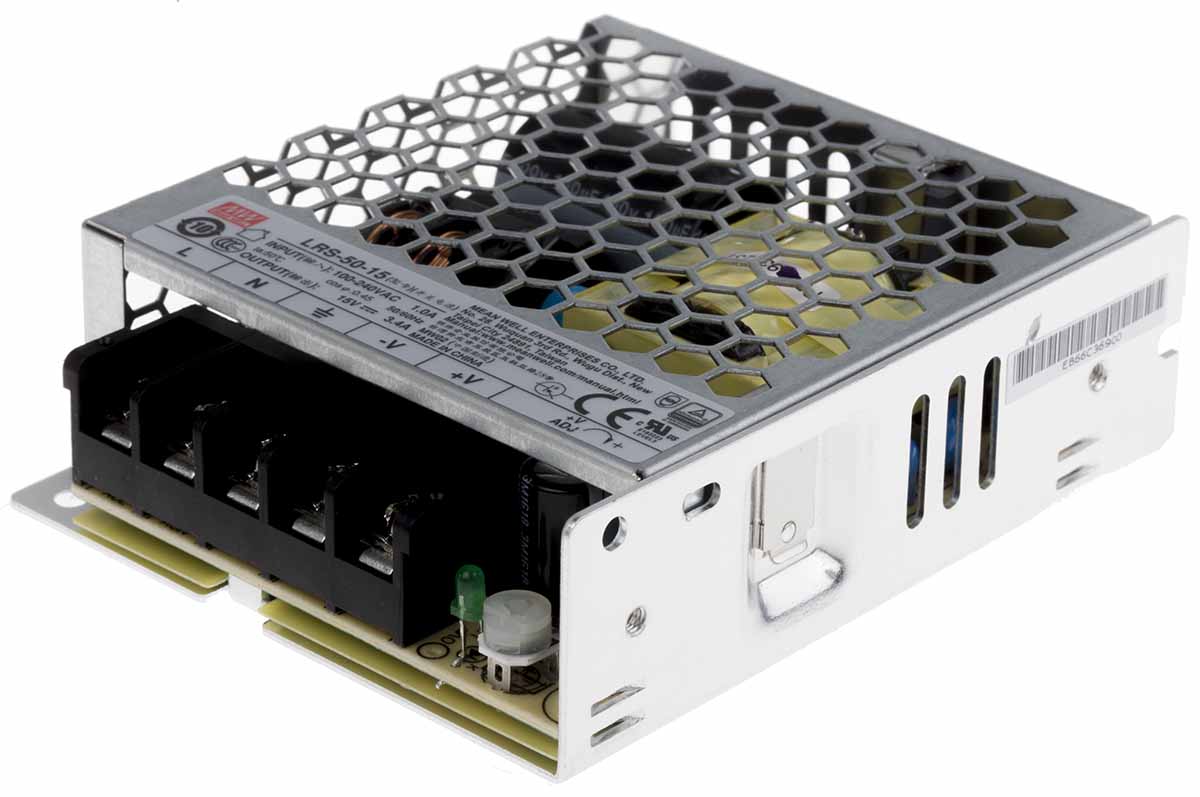 MEAN WELL Switching Power Supply, LRS-50-15, 15V dc, 3.4A, 51W, 1 Output, 120 → 373 V dc, 85 → 264 V ac