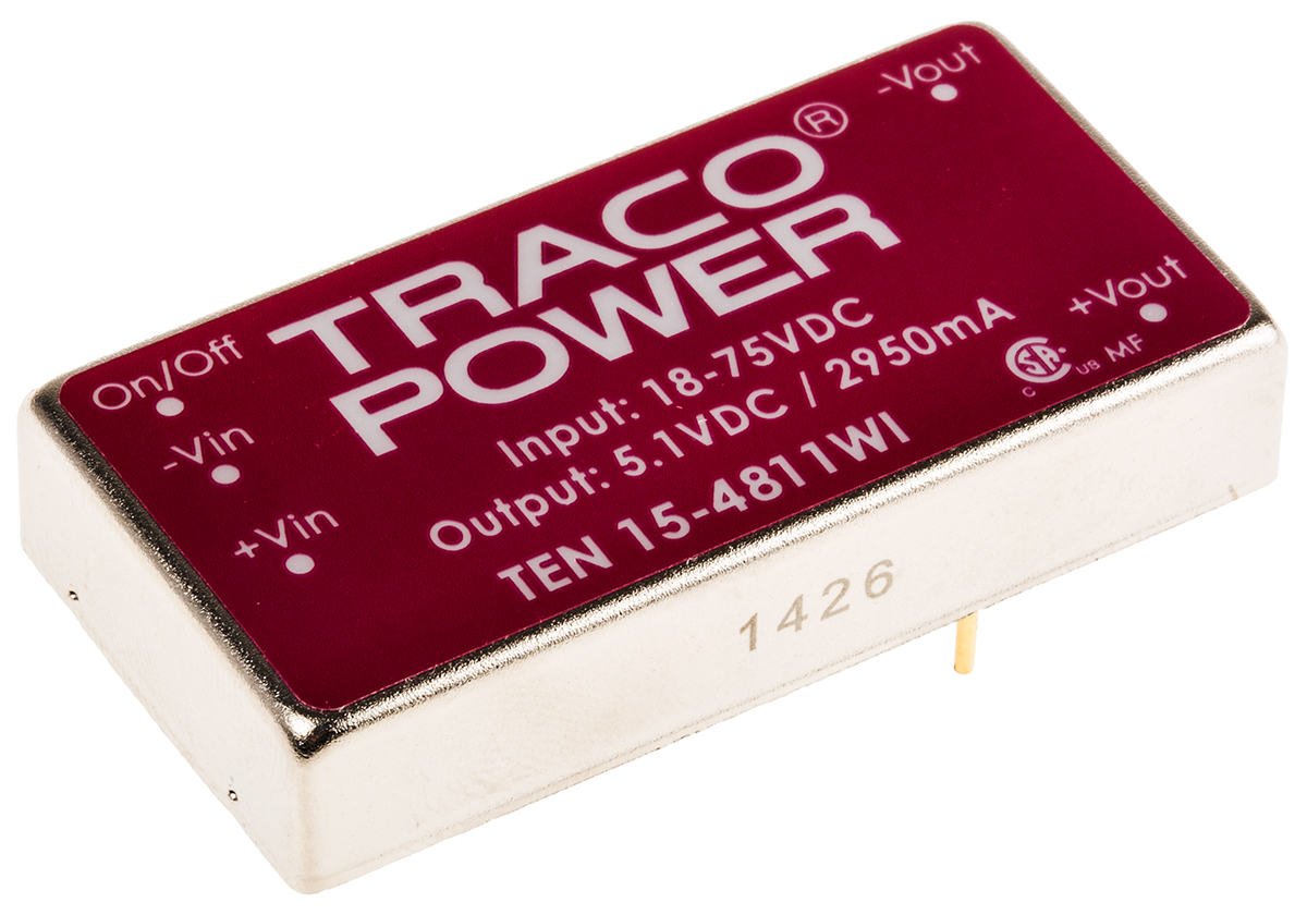 TRACOPOWER TEN 15WI DC-DC Converter, 5V dc/ 2.95A Output, 18 → 75 V dc Input, 15W, Through Hole, +85°C Max Temp