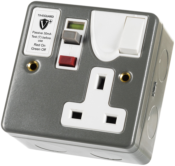 Timeguard 13A, BS 7288 Fixing, Passive, Single Gang RCD Socket, Steel, Surface Mount , Switched No, 230 V ac, Grey,