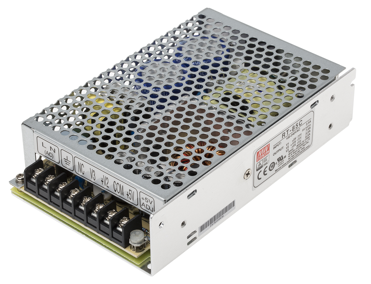 MEAN WELL Switching Power Supply, RT-85C, 5 V dc, ±15 V dc, 3 A, 7 A, 500 mA, 87.5W, Triple Output, 125 → 373 V