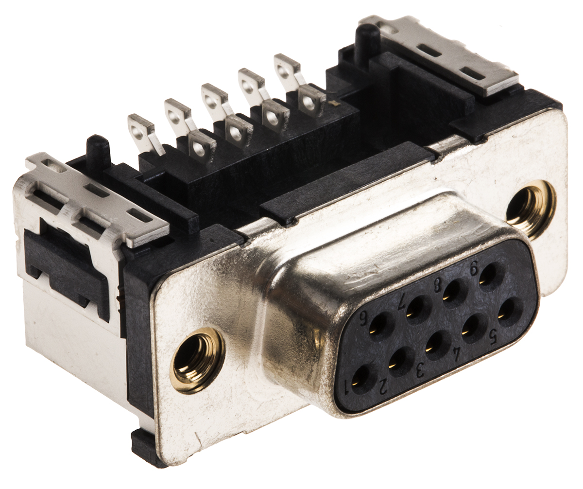 Provertha TMC 9 Way Right Angle SMT D-sub Connector Socket, 2.74mm Pitch, with 4-40 UNC Inserts