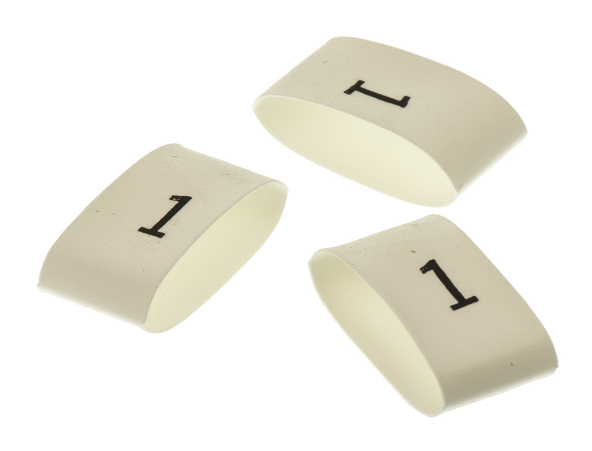 TE Connectivity Heat Shrink Cable Markers, White, Pre-printed "1", 4 → 12mm Cable, TRSA-1019/G/1/1