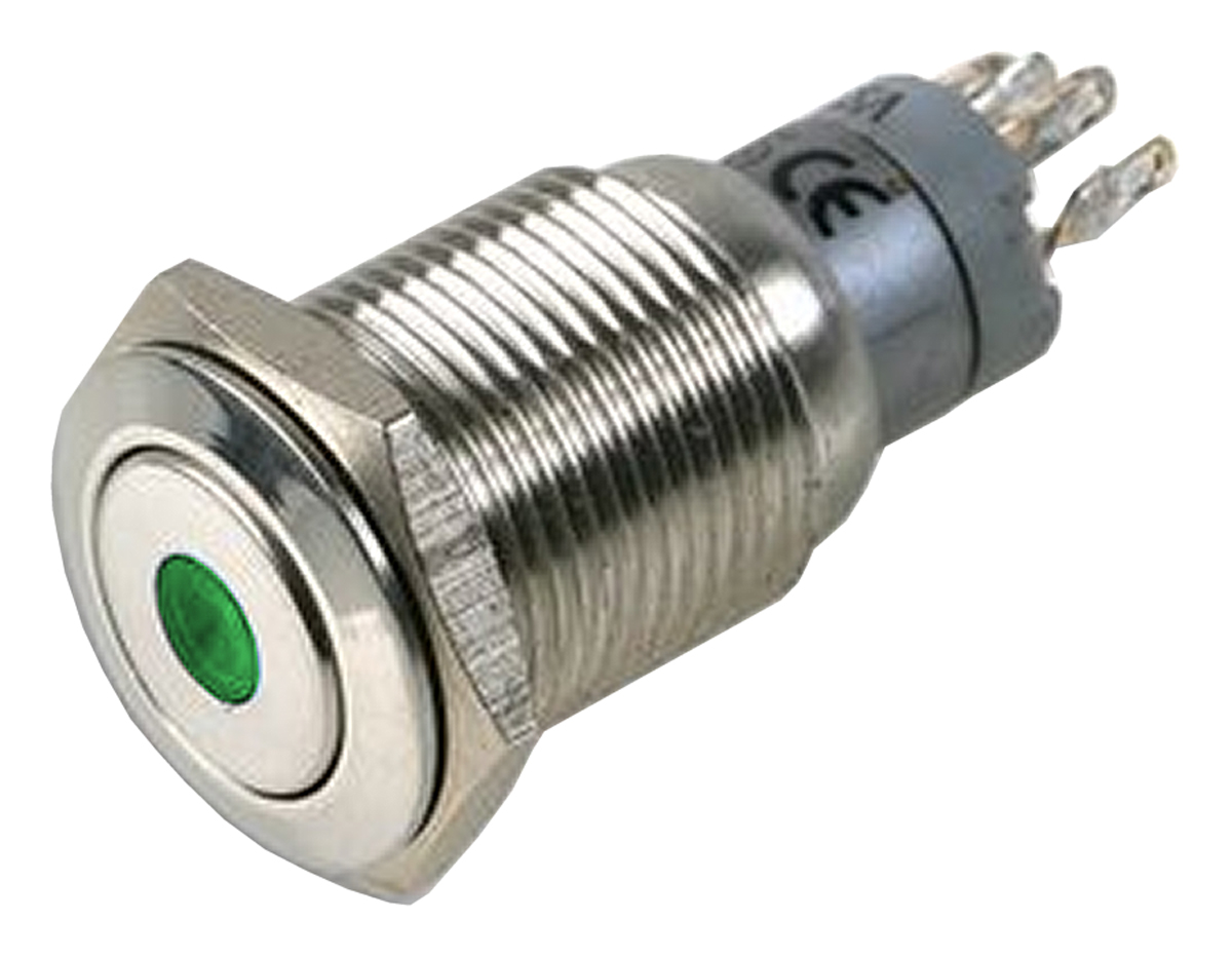 Bulgin MP0045 Series Illuminated Push Button Switch, Latching, Panel Mount, 16.2mm Cutout, DPDT, Green LED, 50V