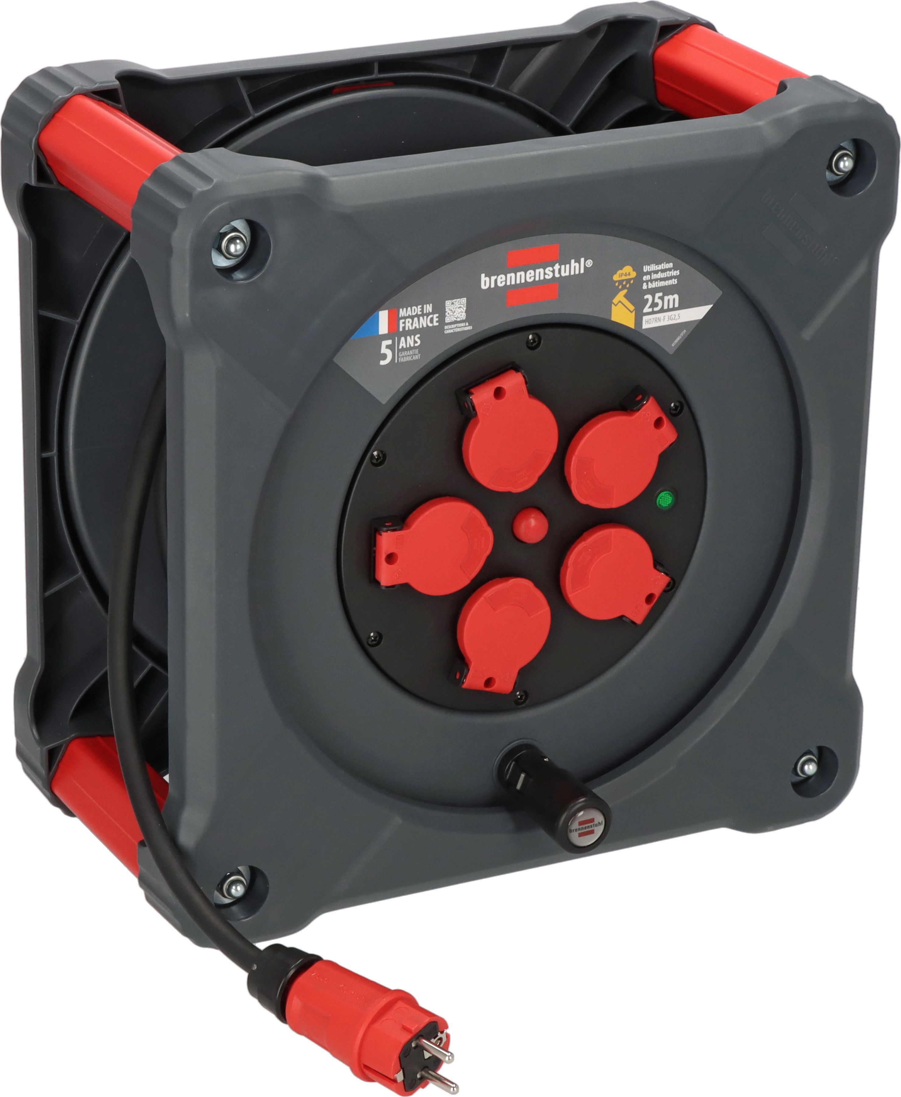 brennenstuhl 25m 5 Socket Type E - French Cable Reel Semi-enclosed Reel, 230 V, IP44