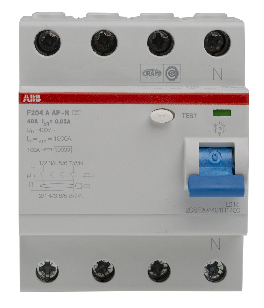 ABB F200 RCCB, 40A, 4 Pole, 30mA, Type A, 230/400V ac