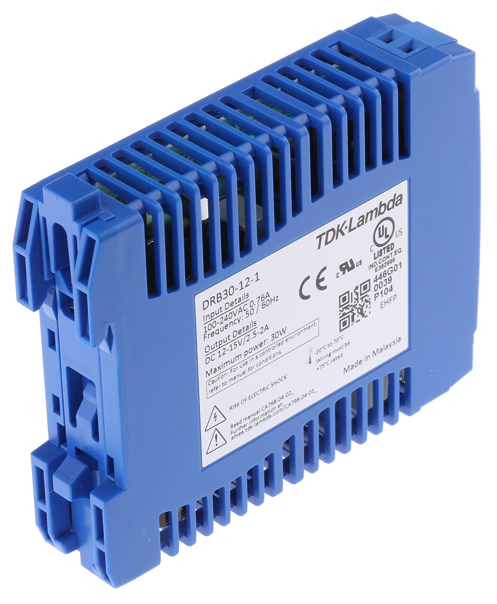 TDK-Lambda DRB Switched Mode DIN Rail Power Supply, 85 → 264V ac ac Input, 12V dc dc Output, 2.5A Output, 30W