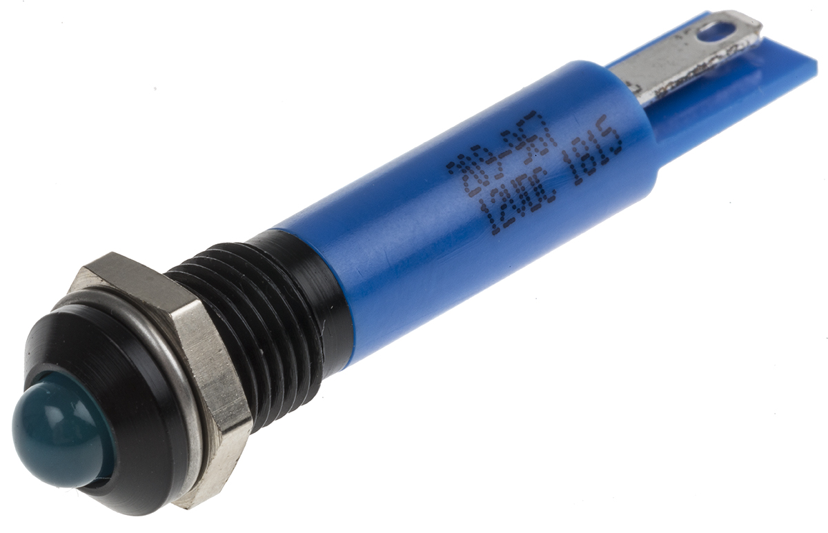RS PRO Blue Panel Mount Indicator, 12V dc, 8mm Mounting Hole Size, Solder Tab Termination