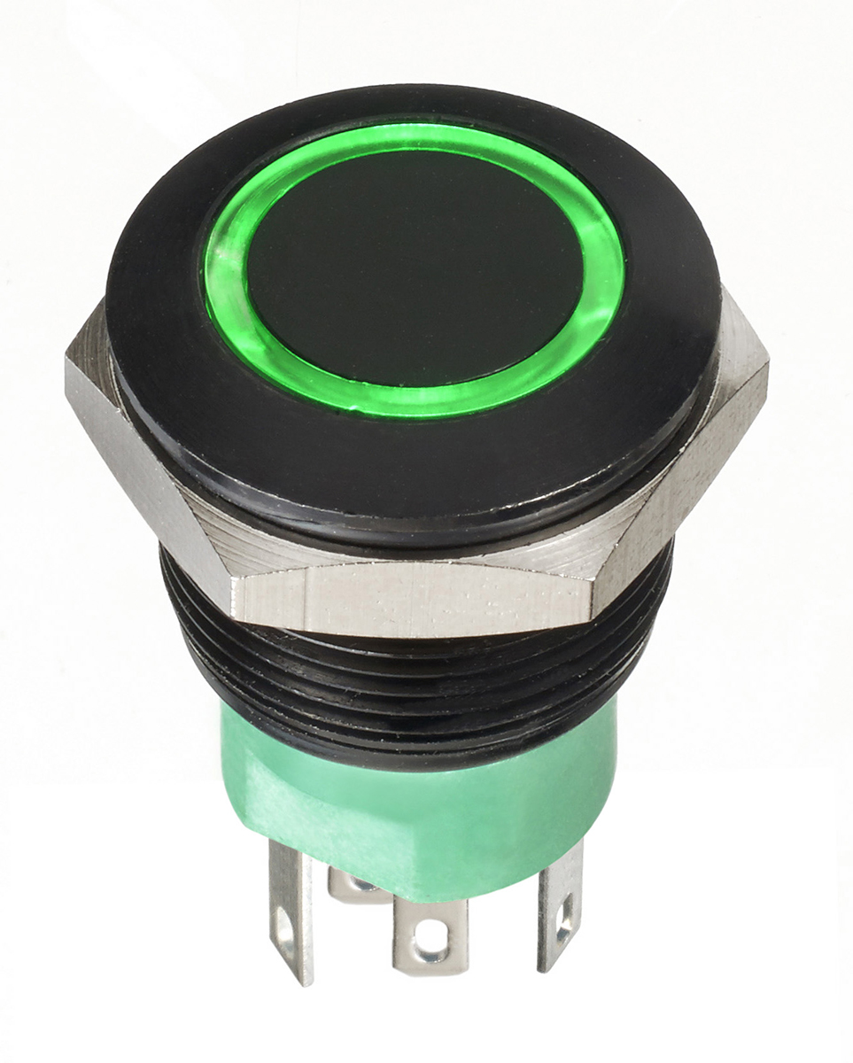APEM Illuminated Push Button Switch, Momentary, Panel Mount, 19.2mm Cutout, DPDT, Green LED, 30V dc, IP67