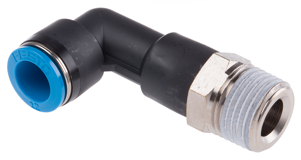 Festo QS Series Elbow Threaded Adaptor, R 1/2 Male to Push In 12 mm, Threaded-to-Tube Connection Style, 153085