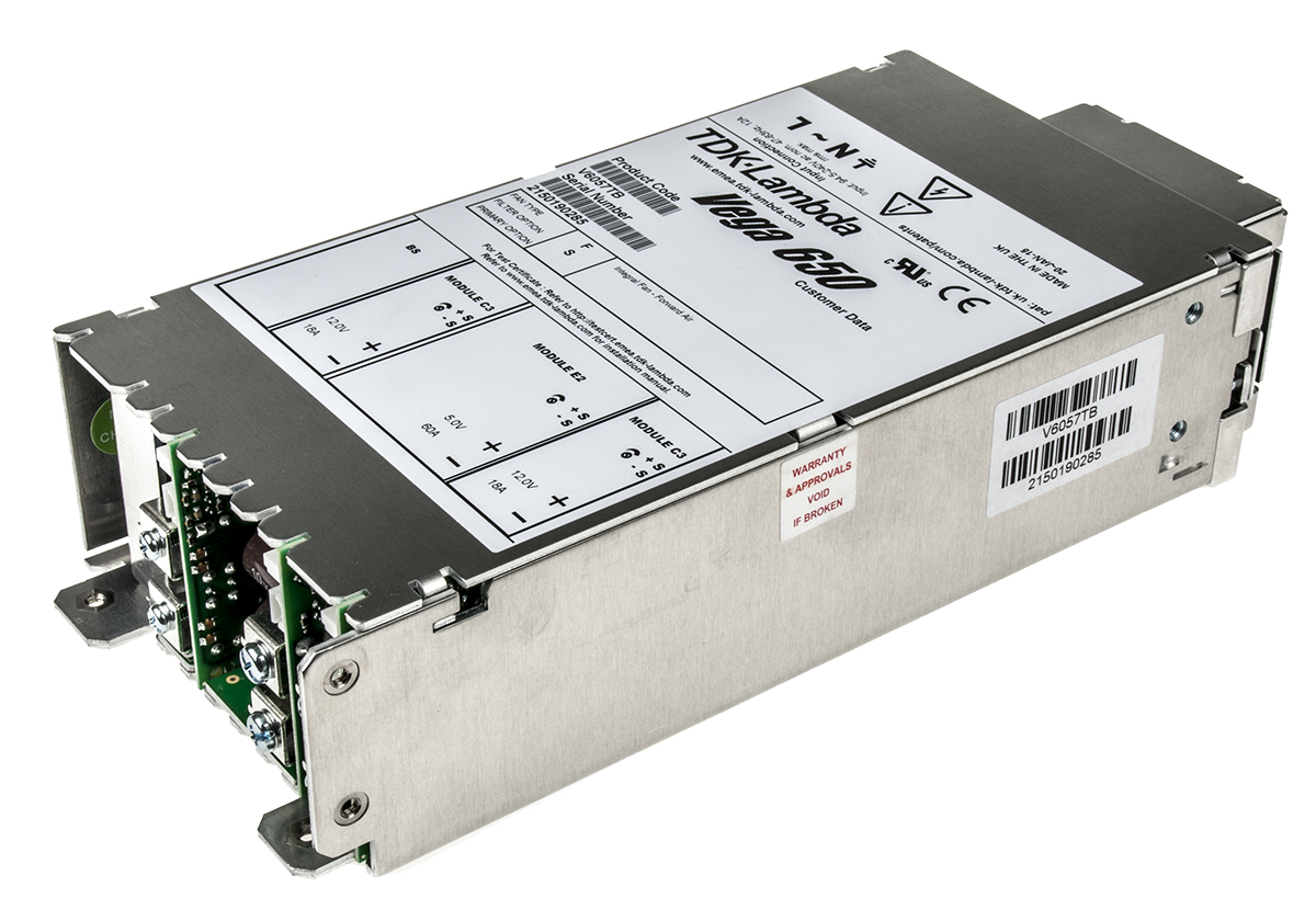 TDK-Lambda Switching Power Supply, V6FFS 5V60A,12V18A,12V18A, 5 V dc, 12 V dc, 18A, 650W, Triple Output, 130 →