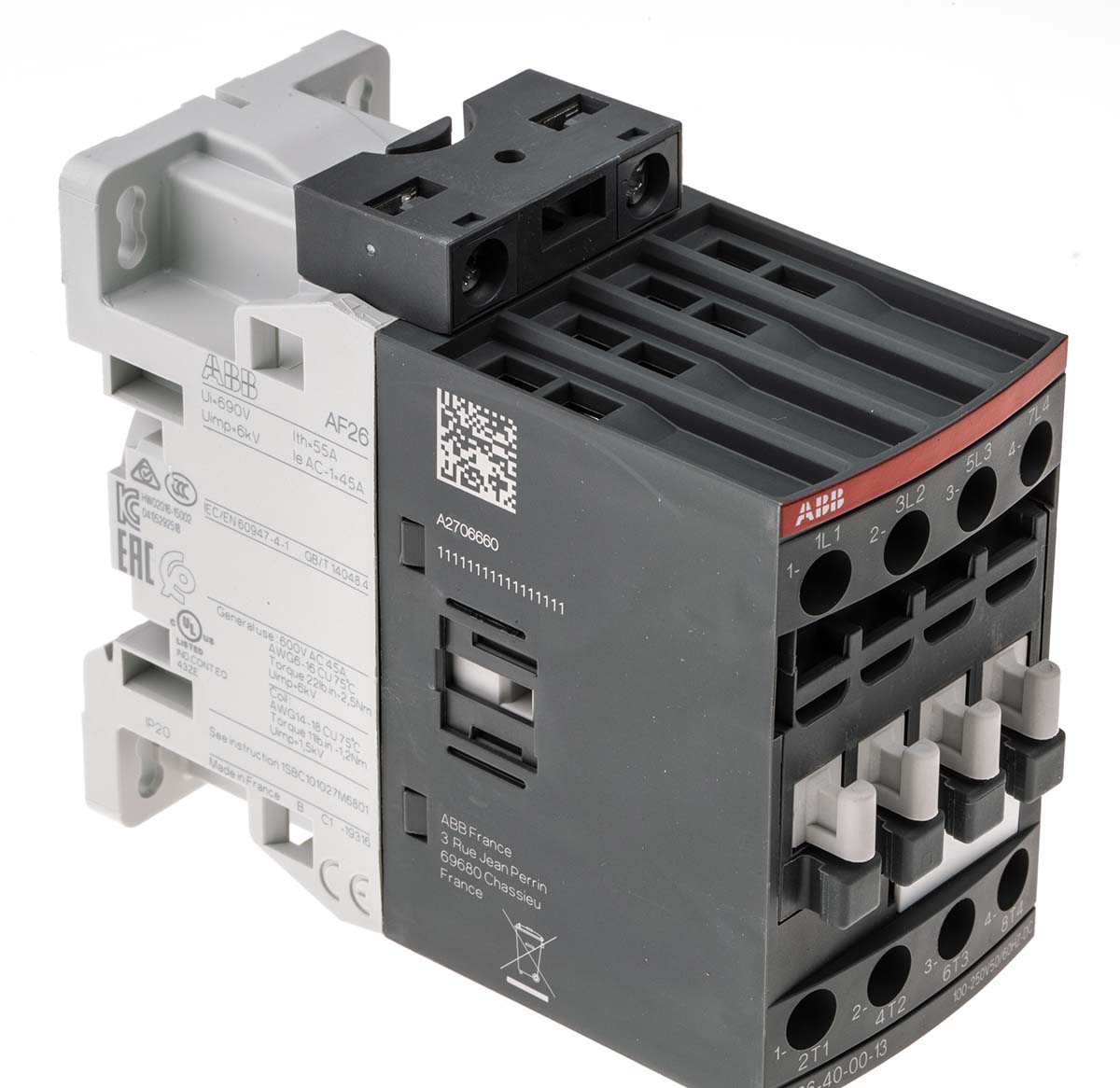 ABB AF26 Contactor, 230 V ac Coil, 4-Pole, 45 A, 11 kW 250 V, 4 NO, 690V